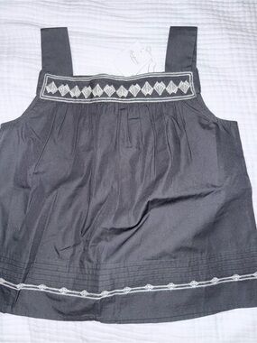 Bonpoint Denim/Navy Blue Tank Top with White Geometric Embroidery